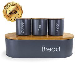 MegaChef Bamboo Kitchen Countertop 4 Piece Metal Bread Basket and Canister Set in Gray with Lids - MG-317