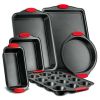 6-Piece Nonstick Bakeware Set Carbon Steel Baking Tray W/ Heat safe Red Silicone Handles - black