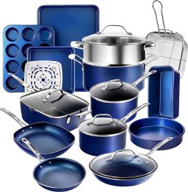 Classic Blue 20-Piece Aluminum Ultra Durable Nonstick Diamond Studded Cookware and Bakeware Set - blue - aluminum