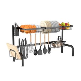 Adjustable Over Sink Dish Drying Rack with Hooks - Black - Stainless steel