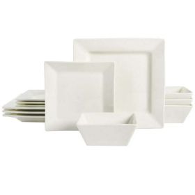 Hard Square 12 Piece Fine Ceramic Dinnerware Set in White - White