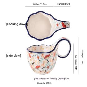 Curved Handle Cup Creative Ceramic Large Capacity (Option: Red pink flower forest)